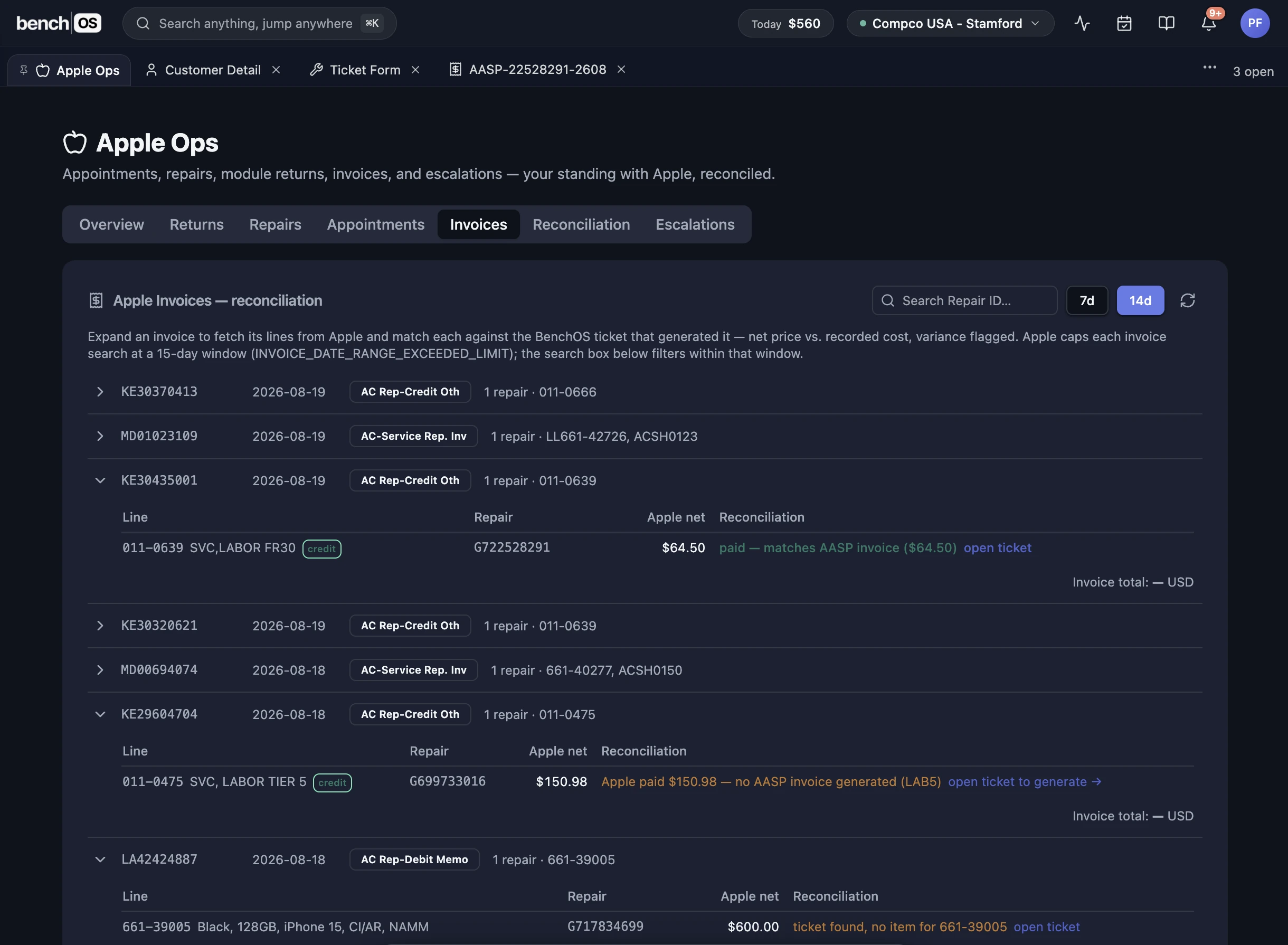 The BenchOS Apple Operations reconciliation view: Apple's invoices matched line-by-line against the tickets that generated them, with variances flagged and what Apple still owes surfaced