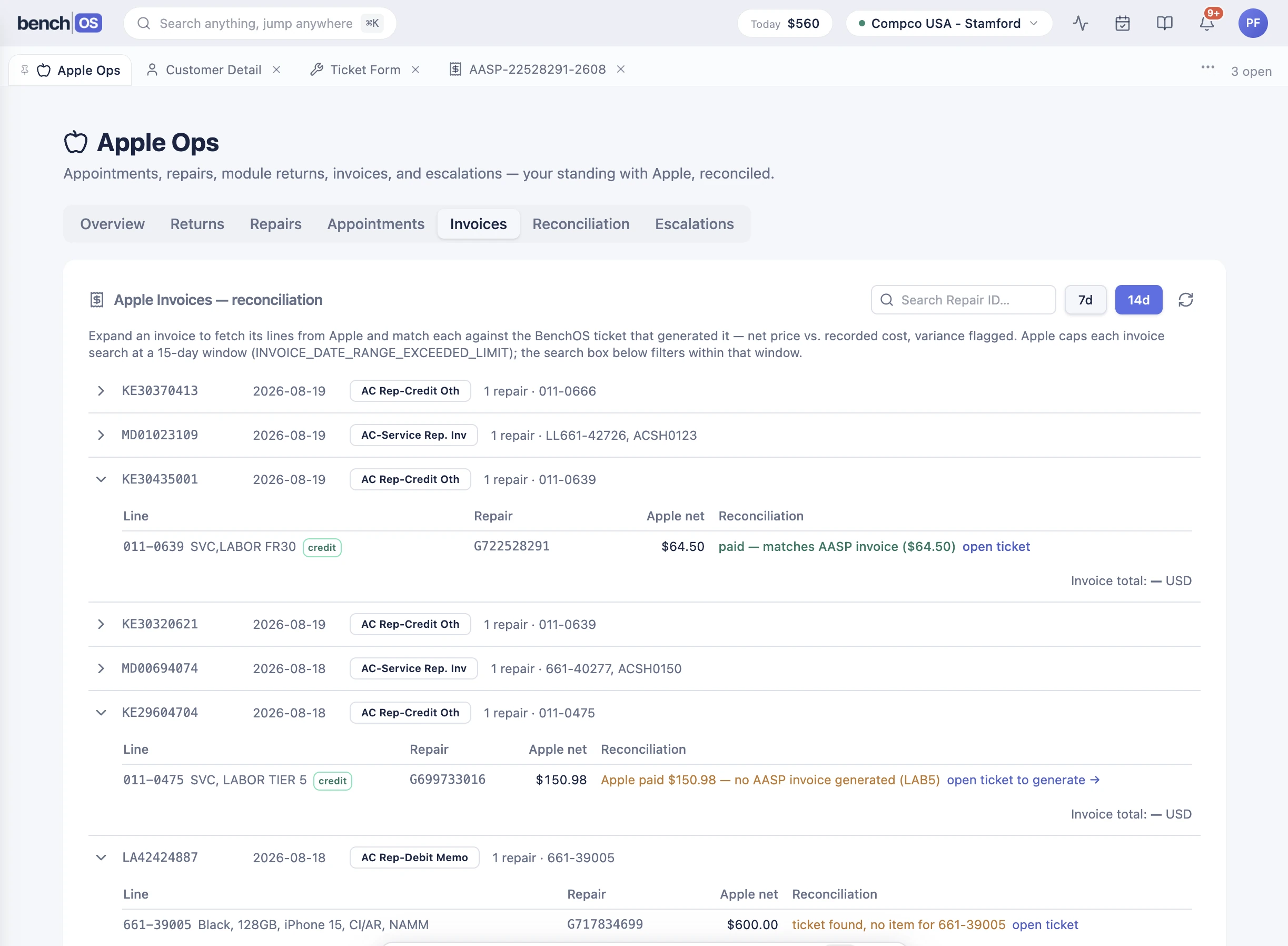The BenchOS Apple Operations reconciliation view in light mode: Apple's invoices matched line-by-line against the tickets that generated them
