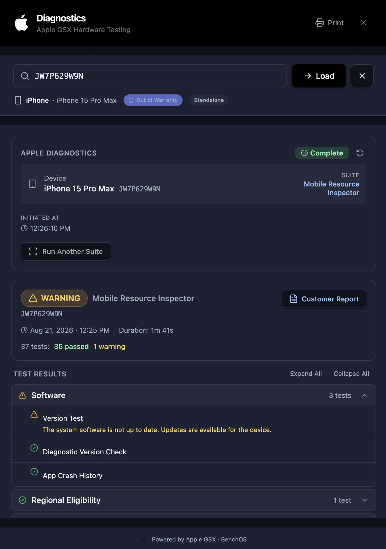 BenchOS running an Apple GSX hardware diagnostic on an iPhone 15 Pro Max: Mobile Resource Inspector suite complete, 37 tests with 36 passed and 1 warning, per-test results and a one-click customer report