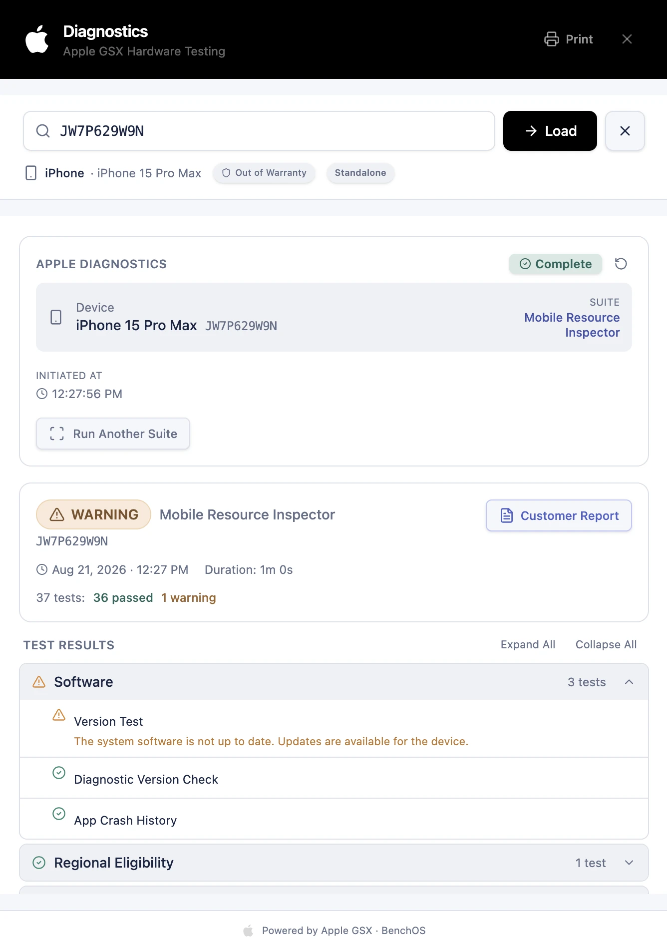BenchOS Apple diagnostics in light mode: Mobile Resource Inspector results with passed and warning tests and a printable customer report