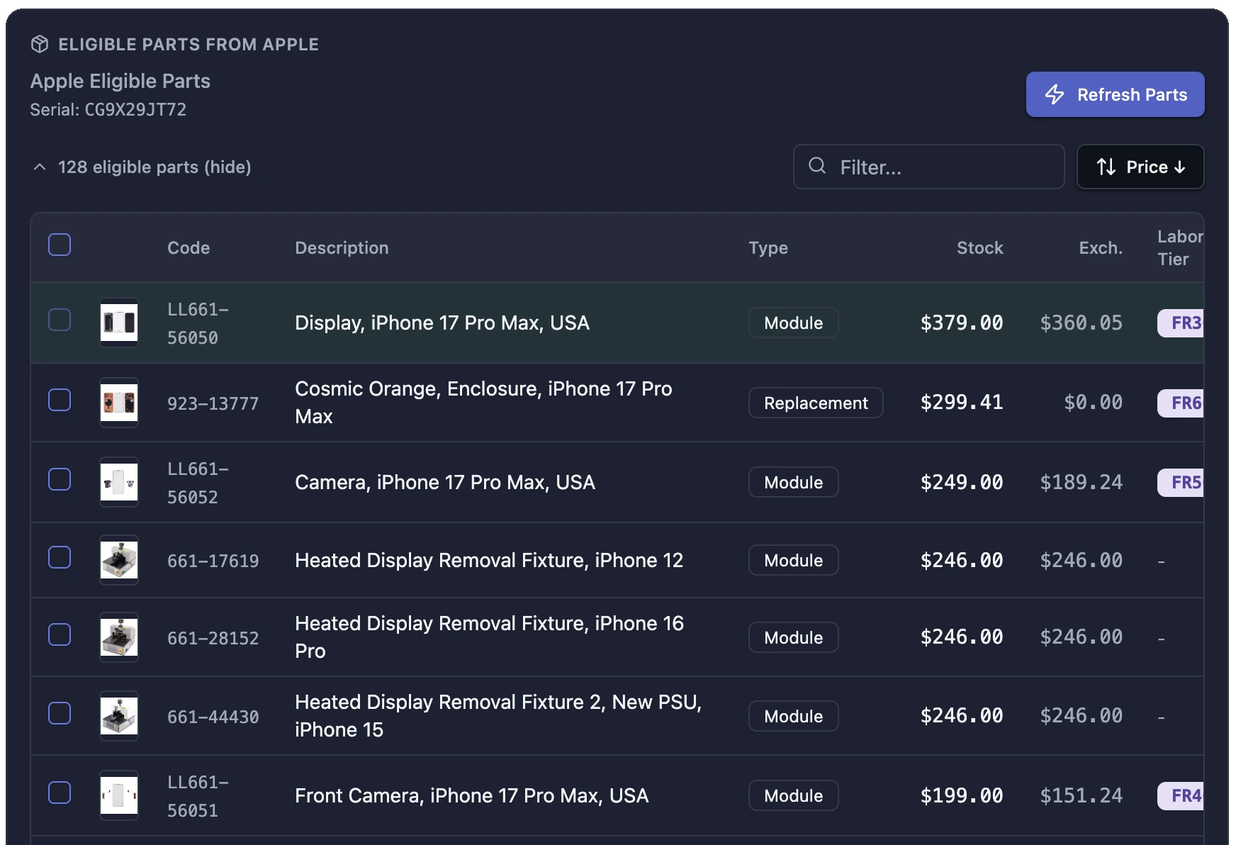 BenchOS pulling 128 Apple-eligible parts from GSX for an iPhone 17 Pro Max: genuine part codes, live pricing, stock, exchange price, and AASP labor tiers, right in the ticket