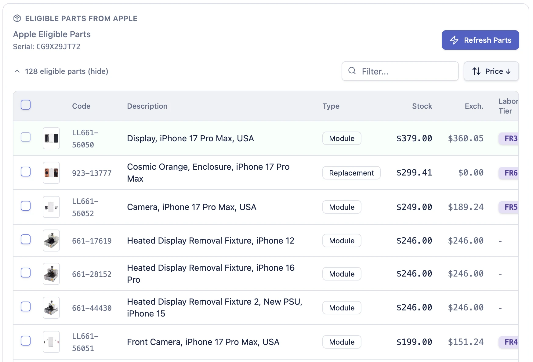 BenchOS Apple parts lookup in light mode: eligible parts for the serial with live pricing, exchange price, and AASP labor tiers pulled from GSX