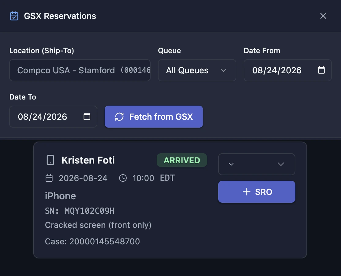BenchOS GSX Reservations: fetch Apple reservations by location, queue and date, then drop each one (customer, device, serial, issue, case number) straight into a ticket