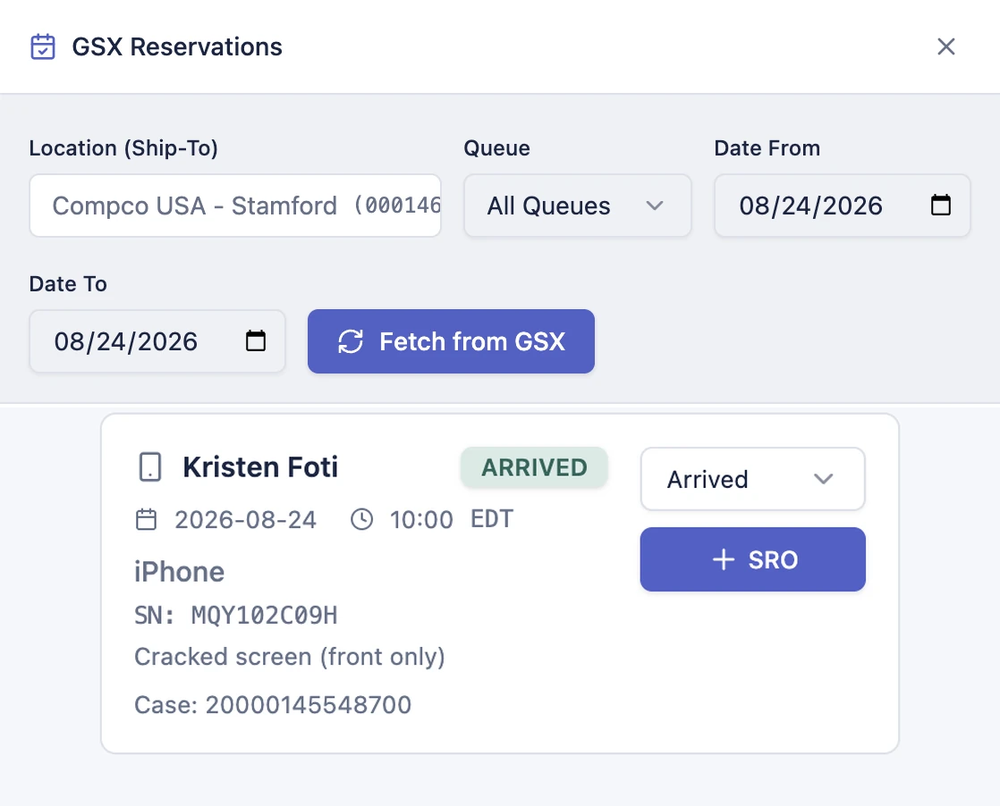 BenchOS GSX Reservations in light mode: Apple reservations fetched from GSX, ready to start a ticket in one click